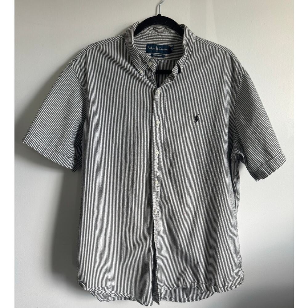 Ralph Lauren Men's Custom Fit Seersucker Shirt Blue White Stripe Size XL Preppy